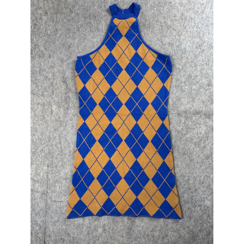 Urban Outfitters Argyle Knit Dress Womens S Blue Brown Cotton Halter Mini Preppy